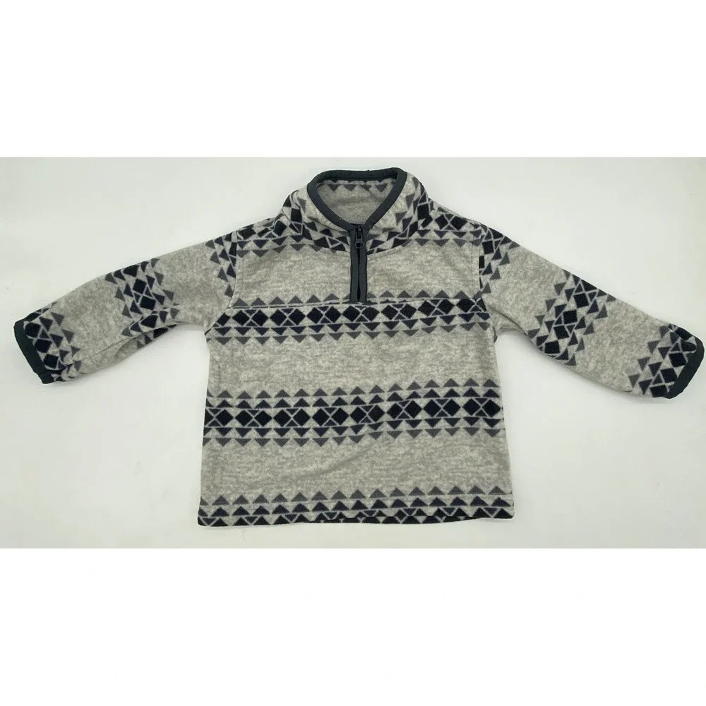 OshKosh Bgosh Kids 12M Grey Navy Geometric Fair Isle Quarter Zip Fleece Pullover